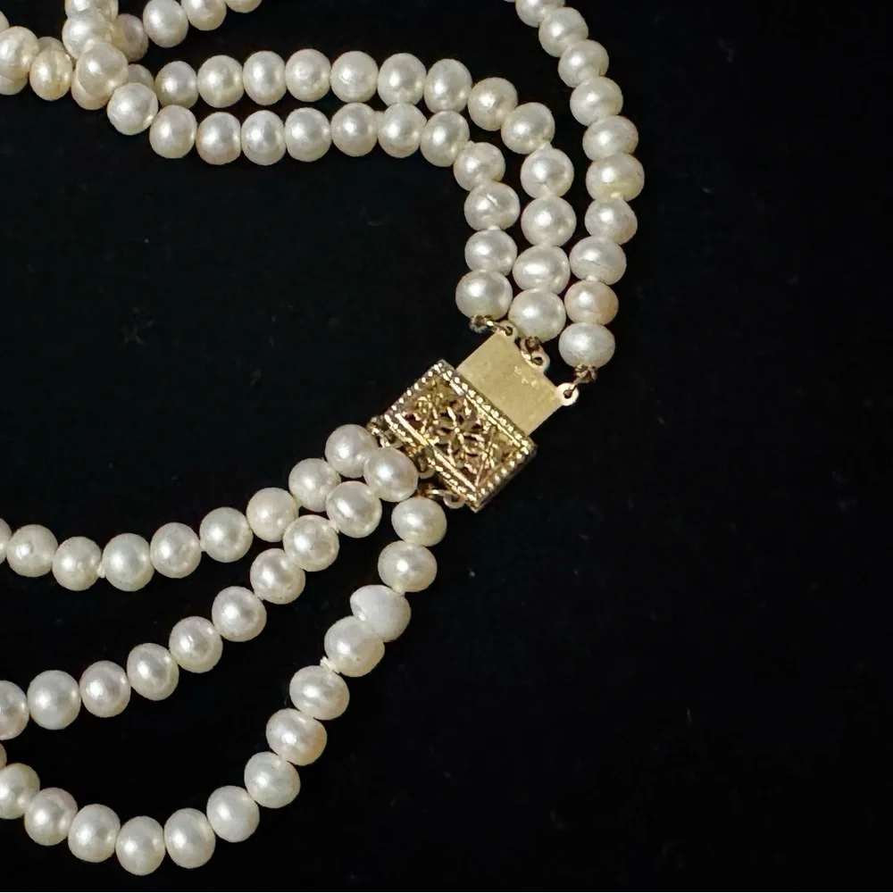 14k Yellow Gold 3 Strand Freshwater Pearl Estate Heirloom Necklace - Picture 7 of 9